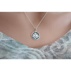 Sterling Silver Lotus Flower Pendant Etched on Round Charm Necklace